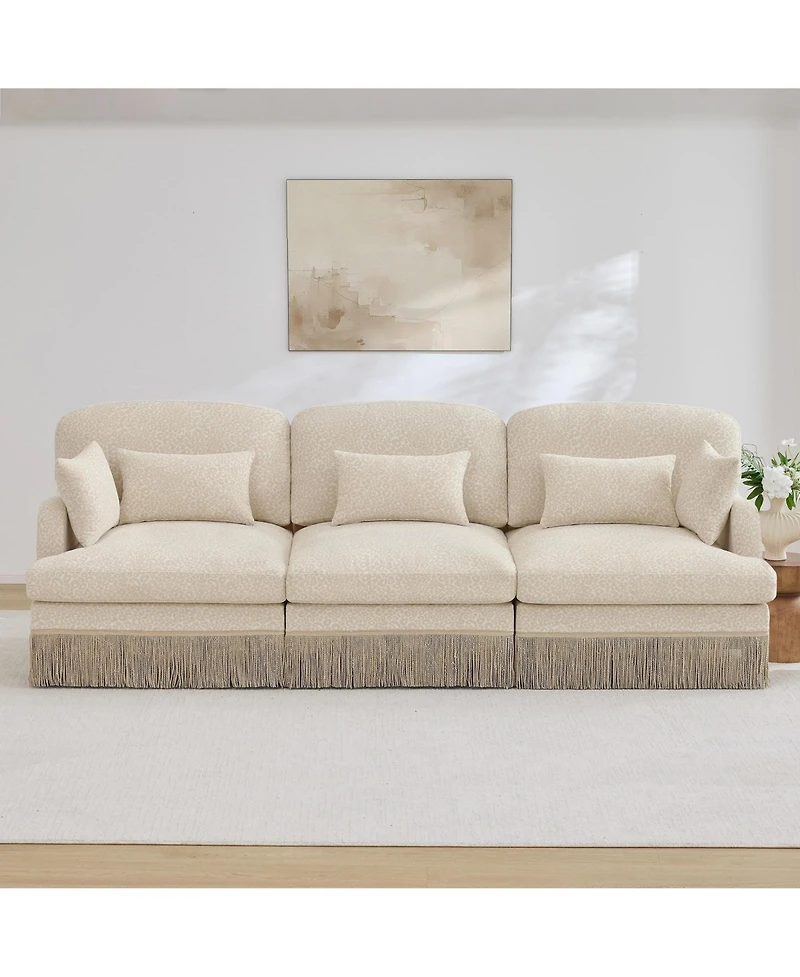 Maison Boucle Modular Sectional Sofa Couch, 3-Seater, Leopard Print Chenille, With Deep Seat, Tassel Skirt, and Throw Lumbar Pillows