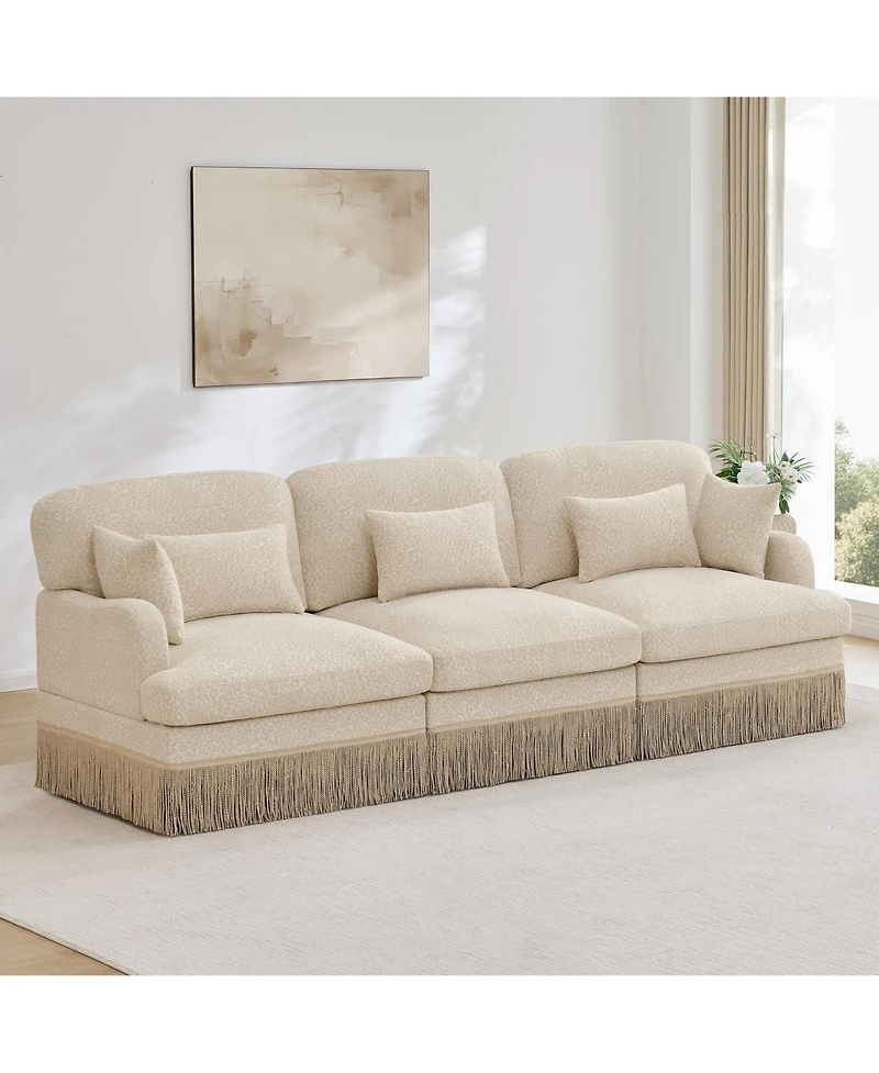 Maison Boucle Modular Sectional Sofa Couch, 3-Seater, Leopard Print Chenille, With Deep Seat, Tassel Skirt, and Throw Lumbar Pillows