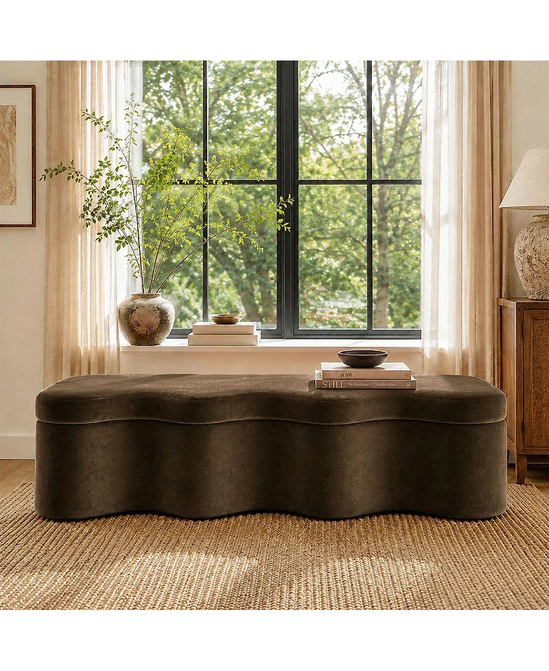 Maison Boucle 60" Modern Upholstered Storage Bench With Lift-Top Lid, End-of-Bed Ottoman Bench, Sculptural Curved Accent for Entryway or Hallway