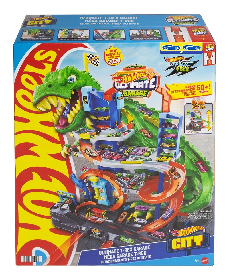 Hot Wheels 1:64 scale City Ultimate T-Rex Garage with 2 Toy Cars & Storage for 50+, Race & Stunt, Dino Nemesis