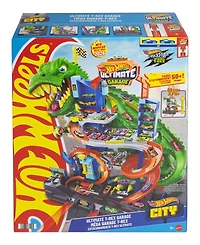 Hot Wheels 1:64 scale City Ultimate T-Rex Garage with 2 Toy Cars & Storage for 50+, Race & Stunt, Dino Nemesis