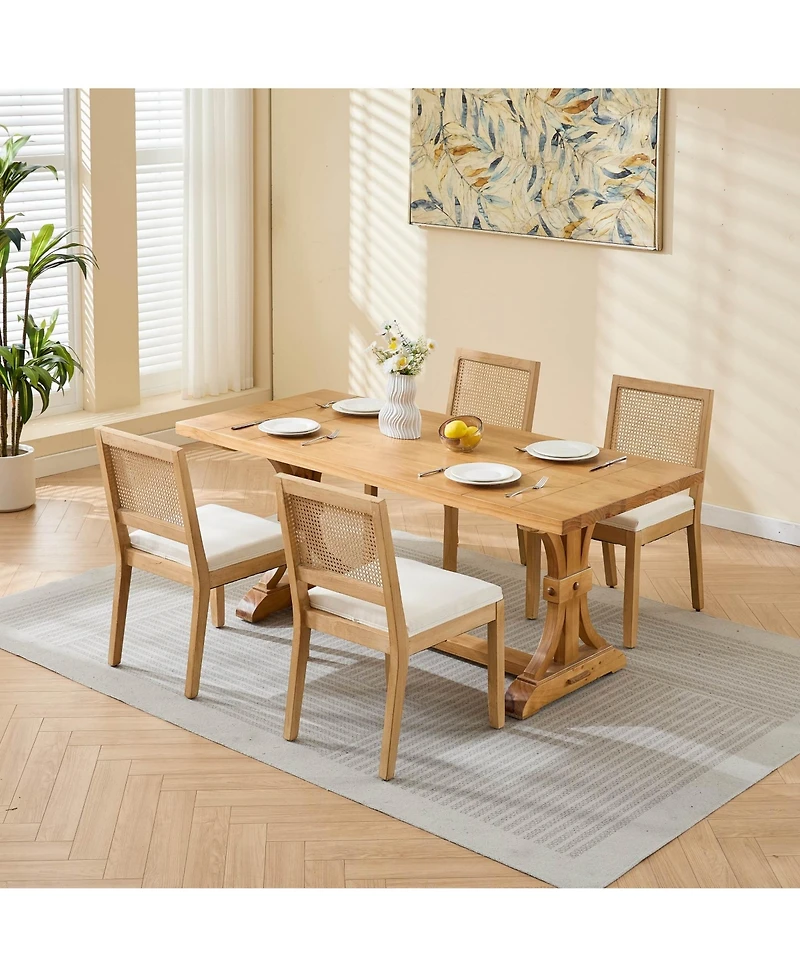 Maison Boucle Modern Dining Chairs Set of 4, Farmhouse Rattan Cane Back Side Chairs, Upholstered Seat, Solid Wood Frame