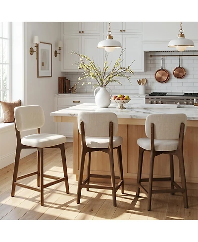 Maison Boucle Upholstered Counter Height Bar Stools Set of 3, Linen-Blend Fabric Padded Seat With Curved Back, Solid Wood Frame Kitchen Island