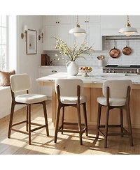 Maison Boucle Upholstered Counter Height Bar Stools Set of 3, Linen-Blend Fabric Padded Seat With Curved Back, Solid Wood Frame Kitchen Island