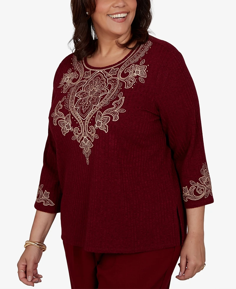 Alfred Dunner Plus Union Square Scroll Embroidered Ribbed Knit Top