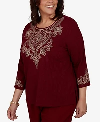 Alfred Dunner Plus Union Square Scroll Embroidered Ribbed Knit Top