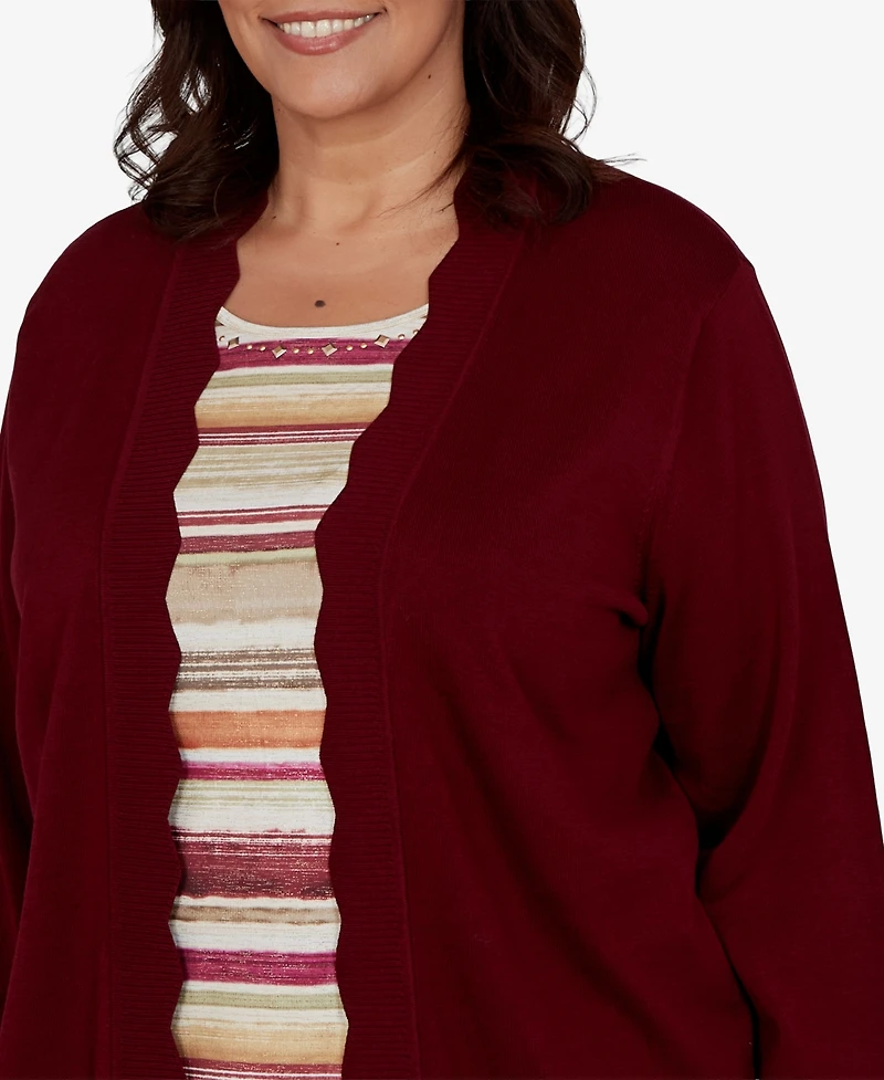 Alfred Dunner Plus Union Square Scalloped Cardi Two One Striped Sweater