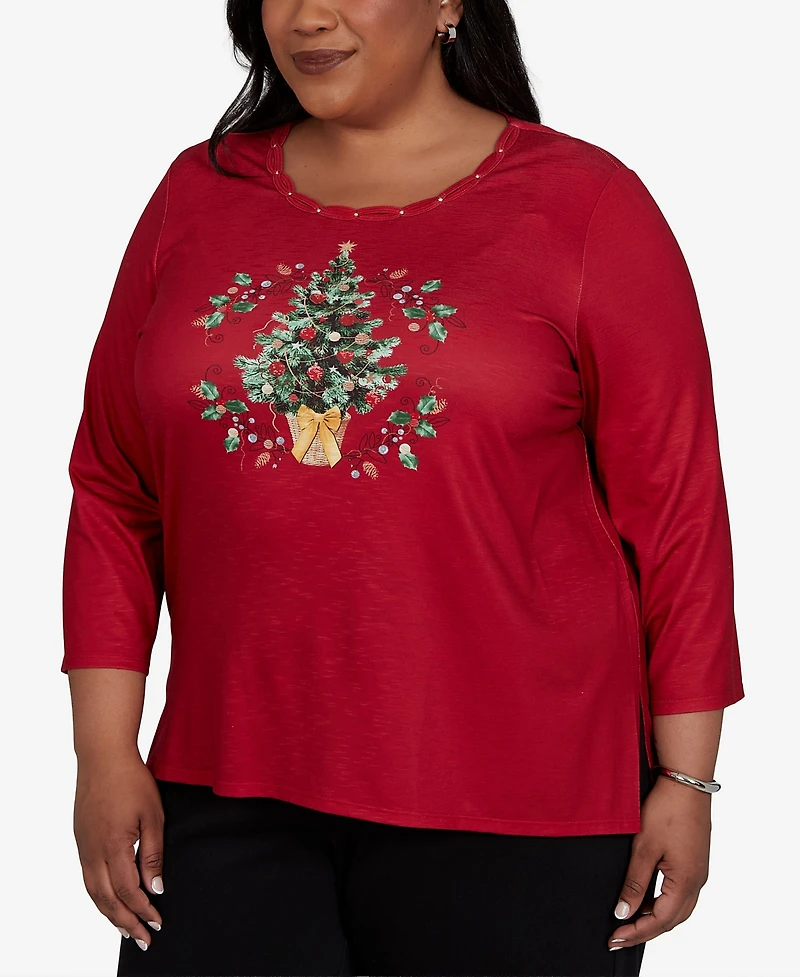 Alfred Dunner Plus Classic Christmas Tree Braided Neck Top
