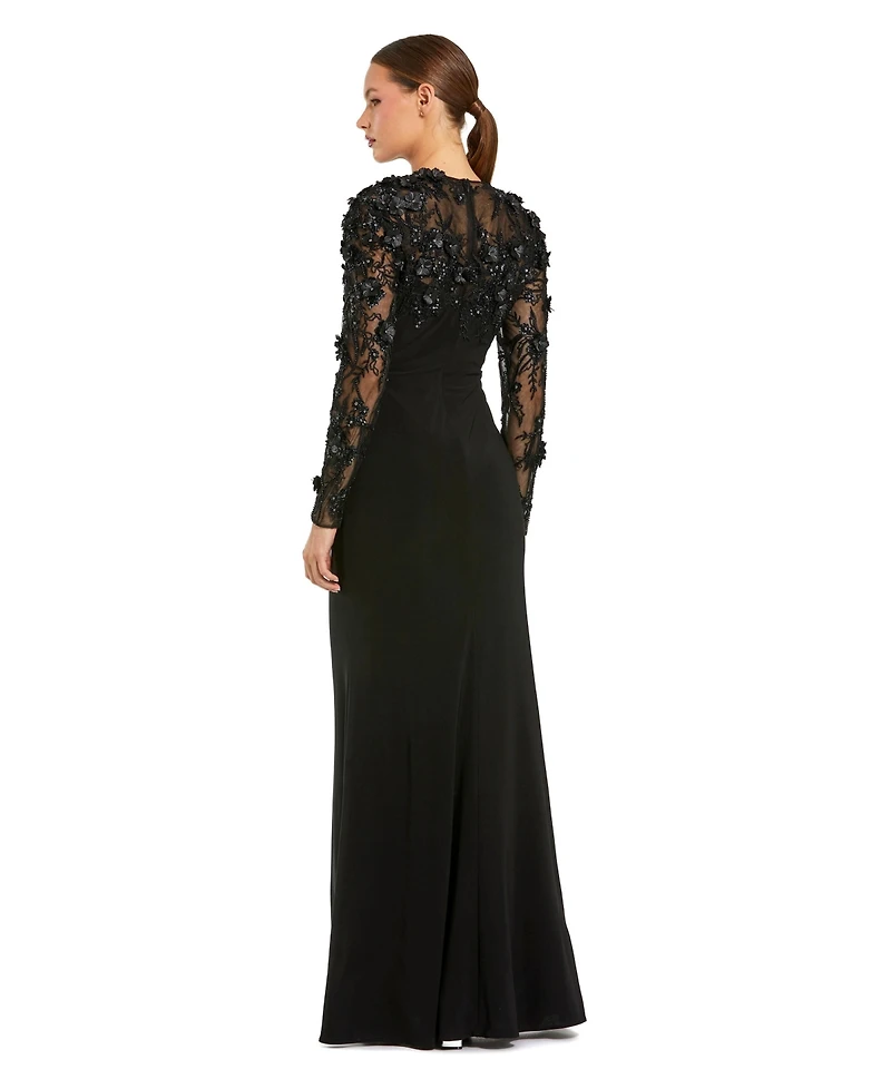 Mac Duggal Women's Petite Jersey Long Sleeve Fitted Gown With Floral Beading