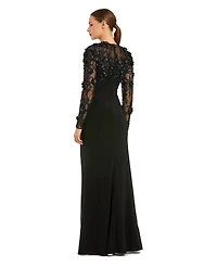 Mac Duggal Women's Petite Jersey Long Sleeve Fitted Gown With Floral Beading