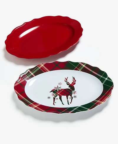 Tinsel And Frost Melamine Tartan Plaid Deer Oval Tray, Set of 2