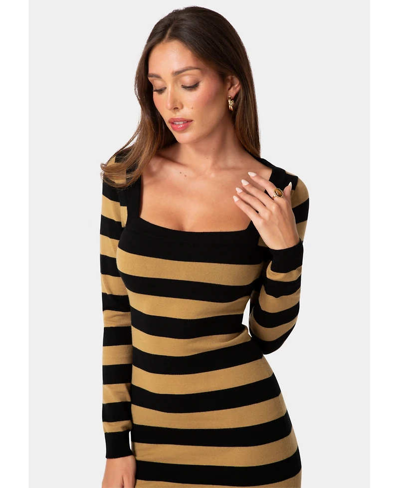 Bebe Women's Stripe Long-Sleeve Square Neck Sweater Dress