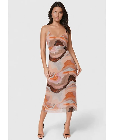 Bebe Women's Printed Mesh V-Neck Midi Dress