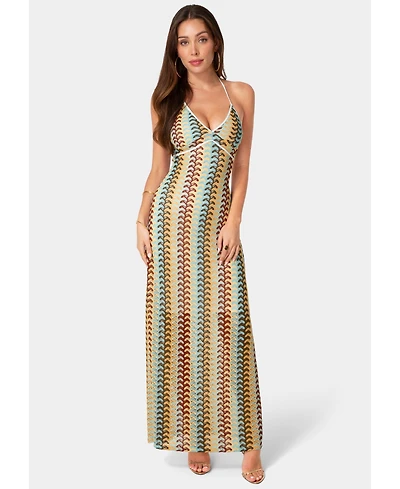 Bebe Women's Crochet Stripe Halter A-Line Maxi Dress