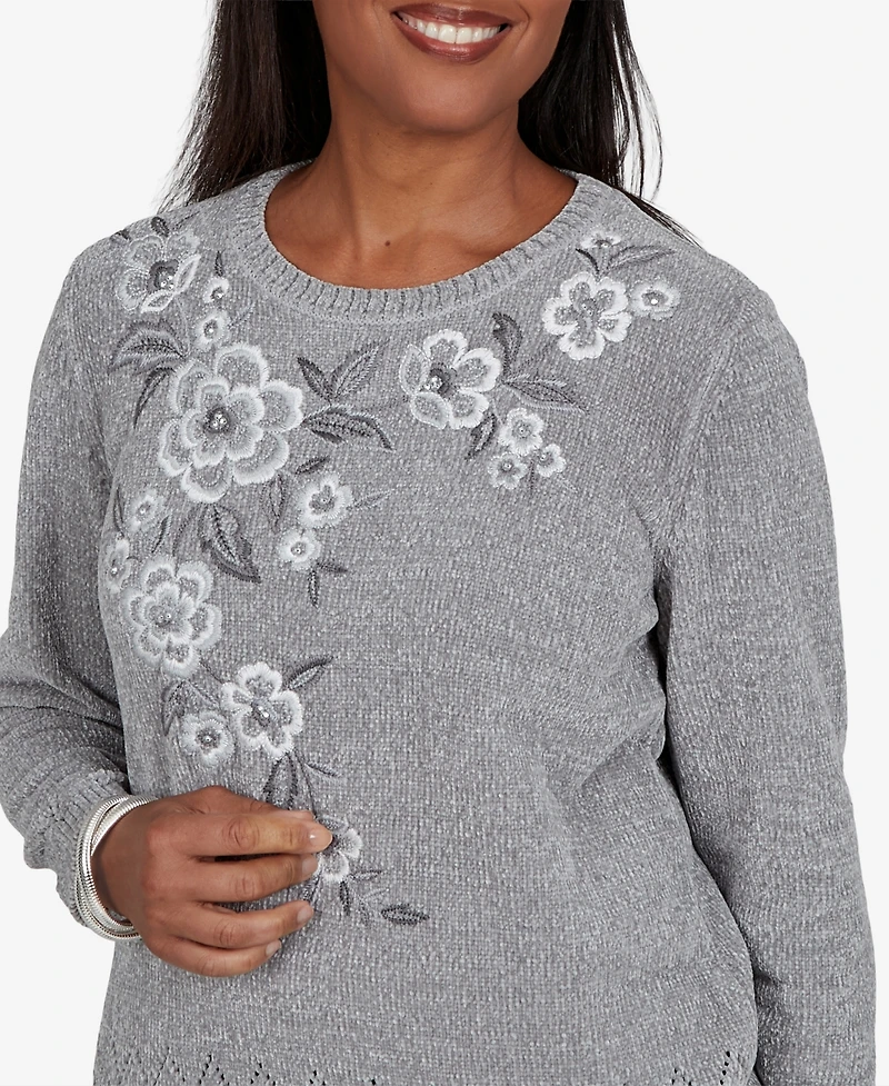 Alfred Dunner Petite Classic Embroidered Floral Textured Chenille Sweater