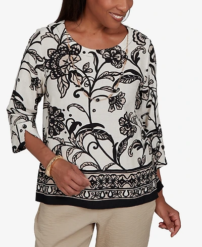 Alfred Dunner Petite Travel Advisory Scroll Border Top With Necklace