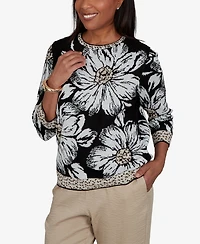 Alfred Dunner Petite Travel Advisory Dramatic Ink Floral Sweater