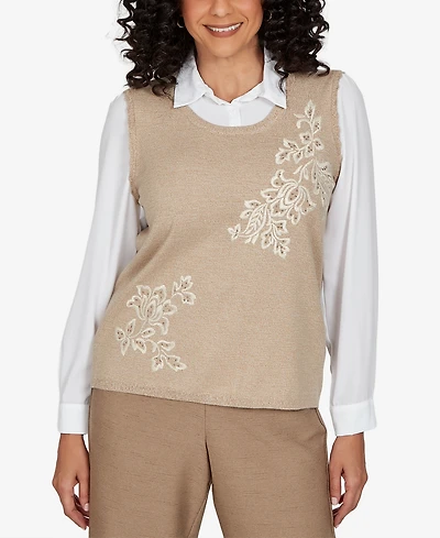 Alfred Dunner Petite Union Square Embroidered Vest Two One Sweater