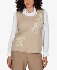 Alfred Dunner Petite Union Square Embroidered Vest Two One Sweater