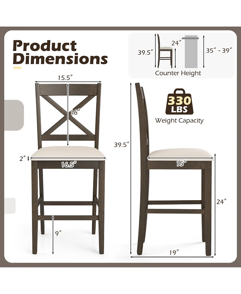 Costway Rubber Wood X-Back Bar Stools with Upholstered Cushioned Seats and Footrests