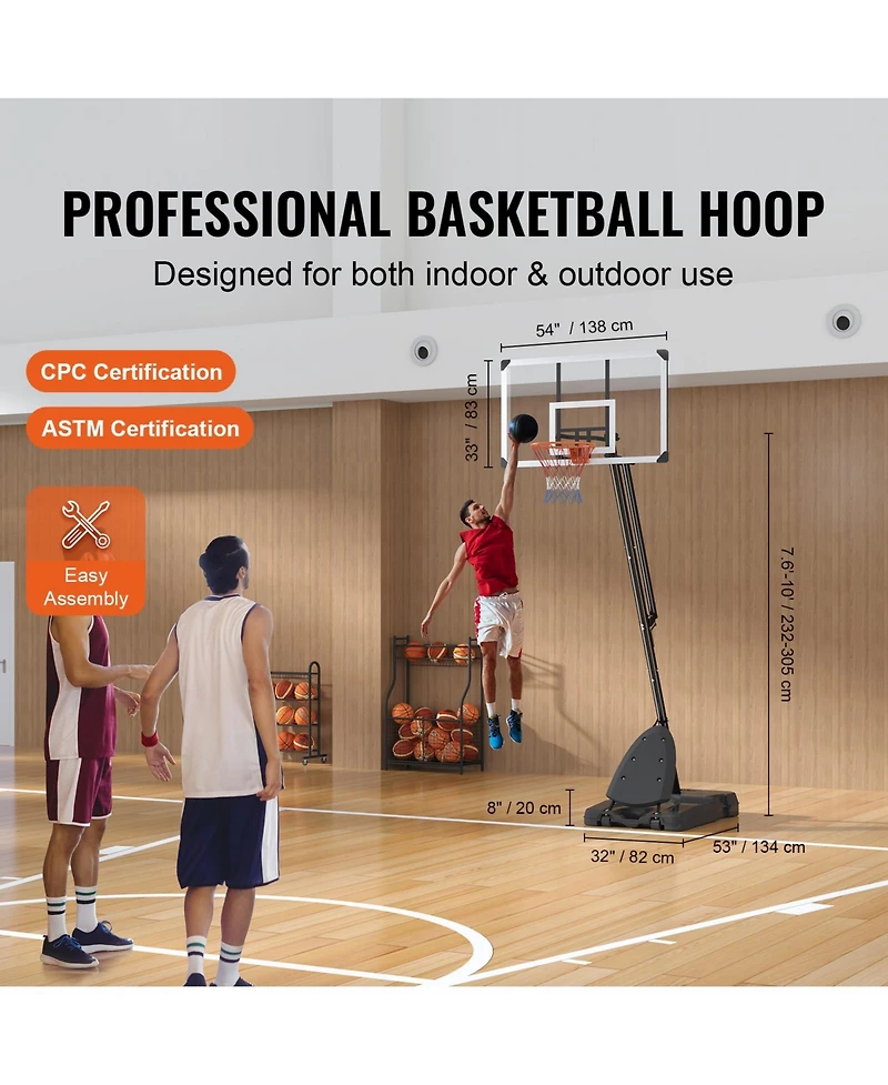 Sevorley Portable Basketball Hoop, 7.6-10 ft Adjustable Height System