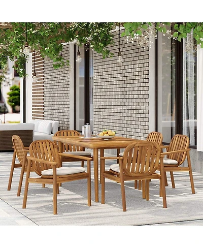 Asagikoiai 7-Piece Outdoor Dining Set, Acacia Wood Table with Umbrella Hole and 6 Chairs