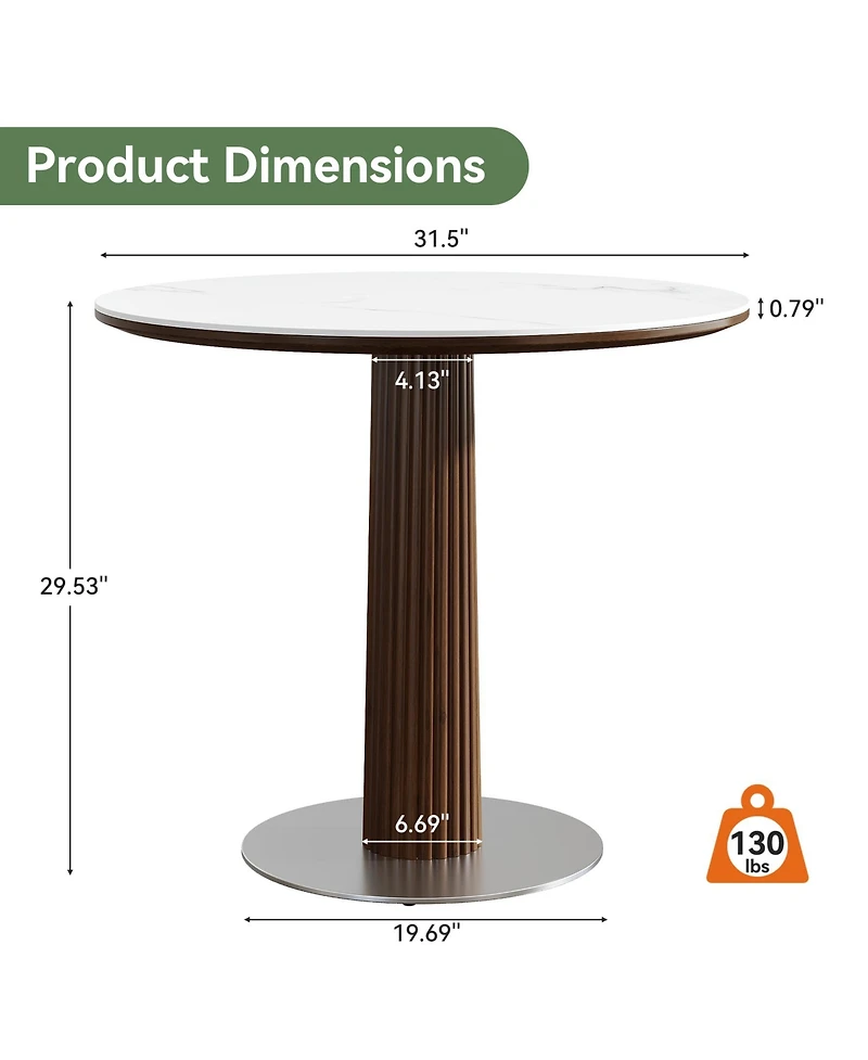Tribesigns 31.5" Solid Wood Dining Table, Round Dinner Table with Sintered Stone Top and Steel Pedestal, Mid Century Modern Bistro Table