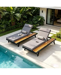 Asagikoiai Adjustable Acacia Wood Outdoor Chaise Lounge Chair with 4-Fold Cushion and Iron Frame