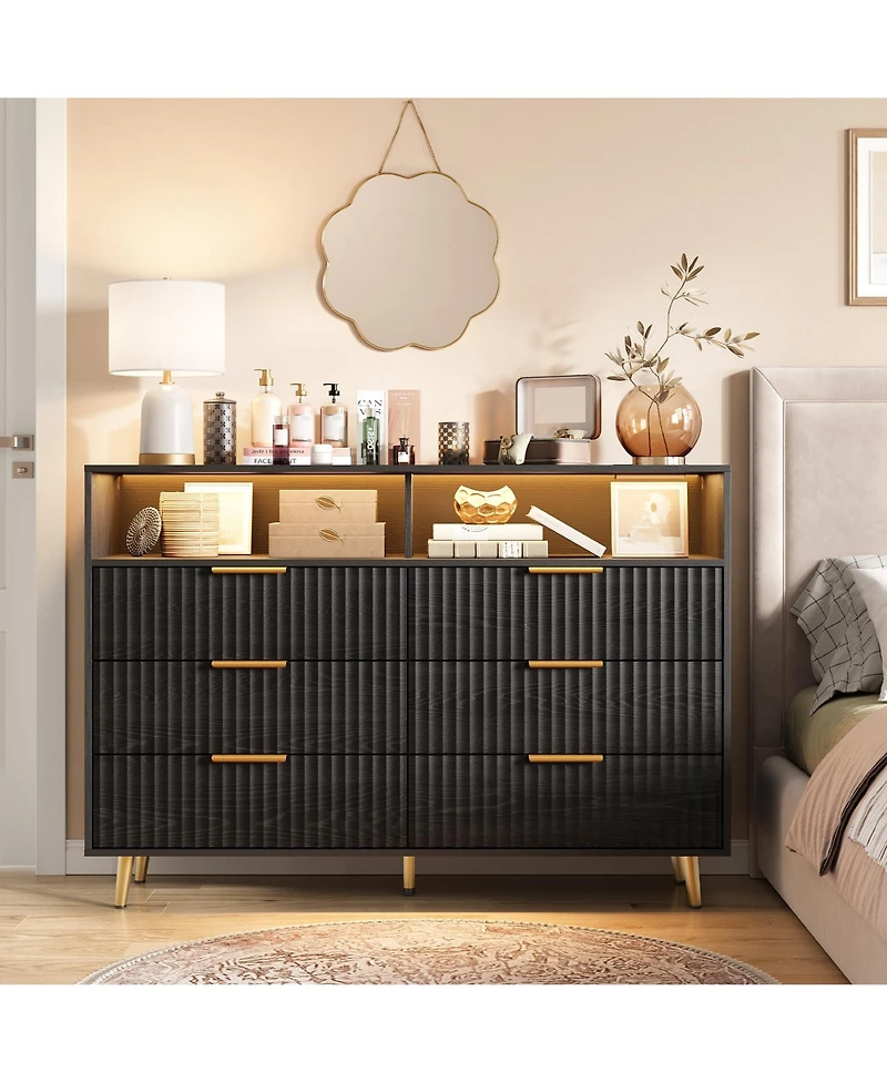 homfan Modern 6 Drawer Fluted Dresser with Led Lights and Charging Station, Wide Storage Cabinet Handles, Luxury Chest for Bedroom or Living Room