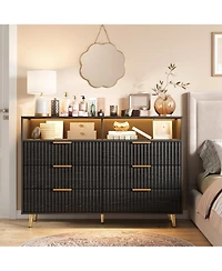 homfan Modern 6 Drawer Fluted Dresser with Led Lights and Charging Station, Wide Storage Cabinet Handles, Luxury Chest for Bedroom or Living Room