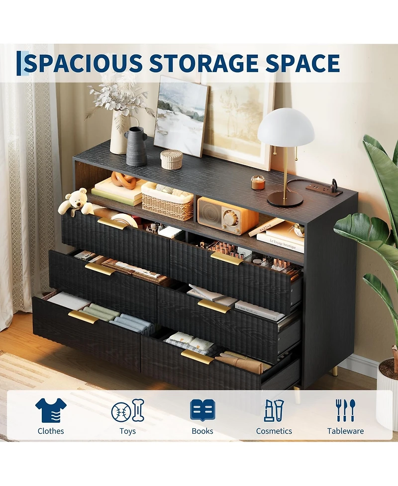 homfan Modern 6 Drawer Fluted Dresser with Led Lights and Charging Station, Wide Storage Cabinet Handles, Luxury Chest for Bedroom or Living Room