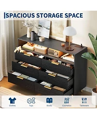 homfan Modern 6 Drawer Fluted Dresser with Led Lights and Charging Station, Wide Storage Cabinet Handles, Luxury Chest for Bedroom or Living Room