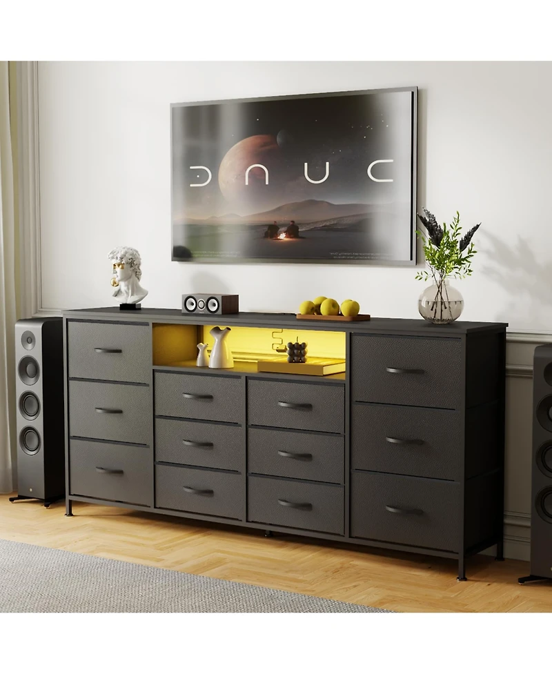 homfan Extra Long 63" Entertainment Center Tv Stand for 65-75 Inch TVs, 12 Drawer Fabric Dresser, Charging Station, Led Lights, Sturdy Metal Frame