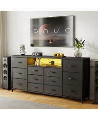 homfan Extra Long 63" Entertainment Center Tv Stand for 65-75 Inch TVs, 12 Drawer Fabric Dresser, Charging Station, Led Lights, Sturdy Metal Frame