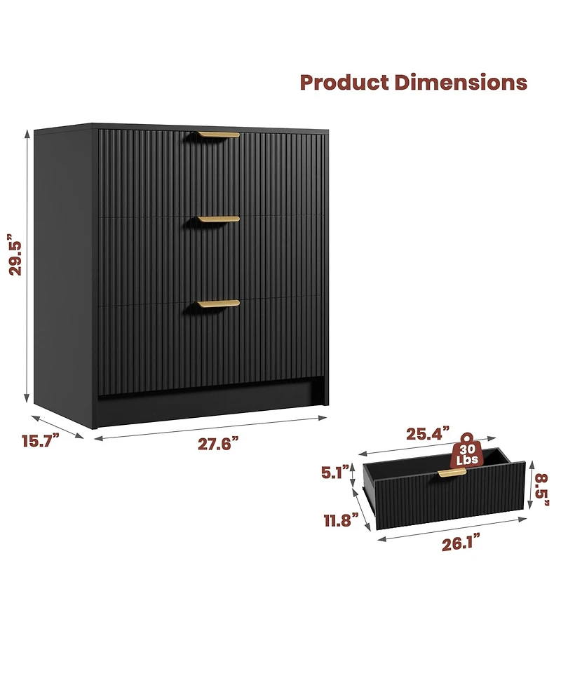 homfan 30" Tall 3 Drawer Fluted Chest with Metal Handles, Modern Multi-Function Organizer for Bedroom, Living Room, Entryway, Hallway