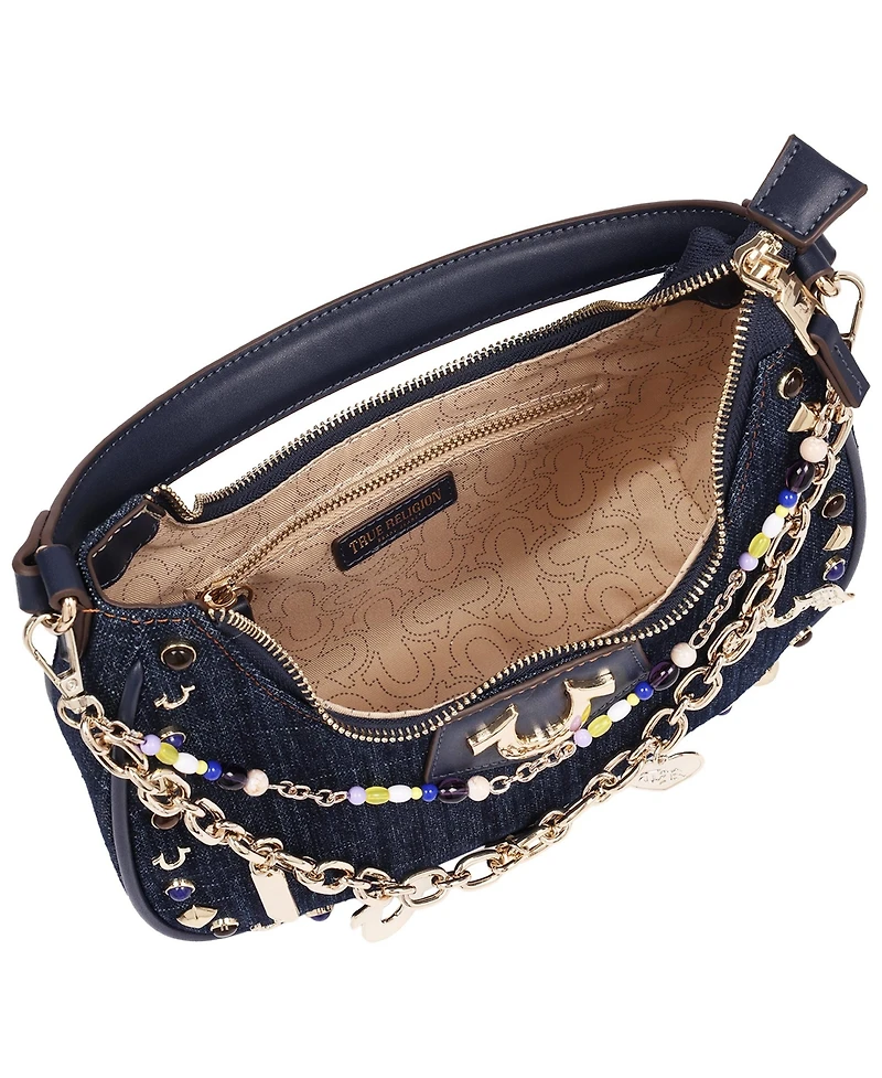 True Religion Women's Studded Denim Shoulder Bag with Removable Charm Chain