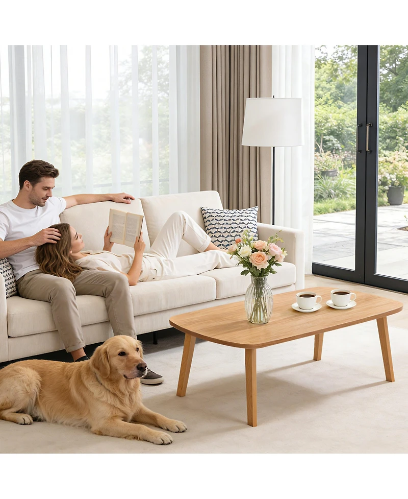homfan Folding Coffee Table with Wood Legs, 39.4x19.7in Low Floor Table for Small Spaces, No Assembly