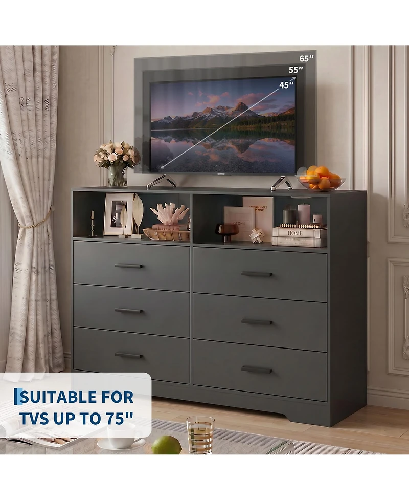 homfan 47" Wide 6 Drawer Dresser with Charging Station and Open Shelf, Chest Deep Drawers, Modern Tv Storage Organizer for Living Room