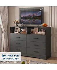 homfan 47" Wide 6 Drawer Dresser with Charging Station and Open Shelf, Chest Deep Drawers, Modern Tv Storage Organizer for Living Room