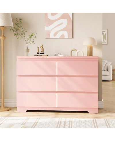 homfan Modern Wide Wooden 6 Drawer Double Dresser, Deep Storage Chest, Anti-Tip, Elegant Organizer for Bedroom, Girls, Nursery, Entryway