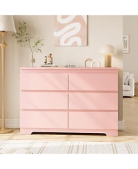 homfan Modern Wide Wooden 6 Drawer Double Dresser, Deep Storage Chest, Anti-Tip, Elegant Organizer for Bedroom, Girls, Nursery, Entryway
