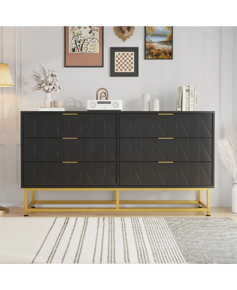 homfan Modern 6 Drawer Dresser Furniture, Wide Storage Chest with Wood Top, Metal Legs, Spacious Organizer for Bedroom, Living Room, Entryway