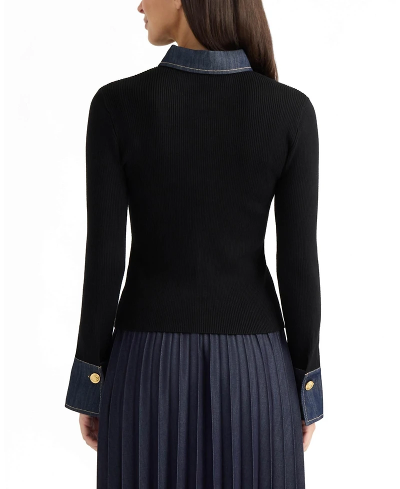 Ellen Tracy Women's Collared Button-Front Denim Trim Cardigan