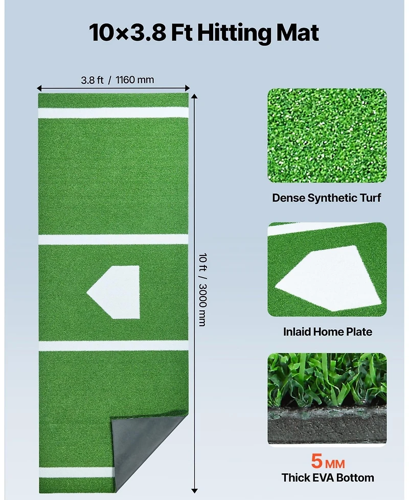 Sevorley 10 x 3.8 ft Baseball Softball Batting Mat with Home Plate, Anti-Slip Portable Turf