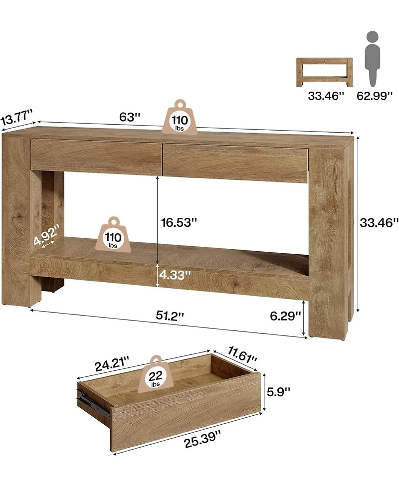 Tribesigns 63-Inch Console Table with 2 Hidden Drawers, Farmhouse Wooden Sofa Table with Storage Shelf for Living Room, Entryway, Hallway, Entrance