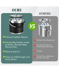 Piscifun Double Wall Stainless Steel Insulated Ice Bucket with Lid and Scoop Leather Design