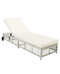 Asagikoiai Outdoor Lounge Chair, 5-Position Rattan Patio Chaise with Wheels and Cushion