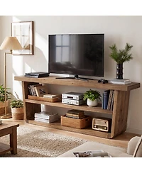 Tribesigns 63 Inch Solid Wood Tv Stand for 55/65/75 Inch TVs, 3-Tier Entertainment Center with Open Storage Shelves, Farmhouse Media Console