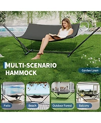 homfan Double Hammock with Stand for Outside –450 Lbs Capacity with Pillow and Balance Rope for Patio, Backyard or Poolside