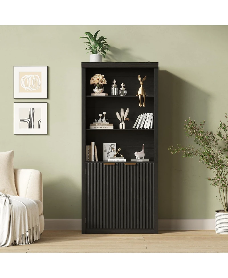 homfan Tall Bookcase, 31.5" Wide wooden Unit with Doors, Farmhouse Large Storage, 5-Shelf Adjustable Top for Home Office, Living Room